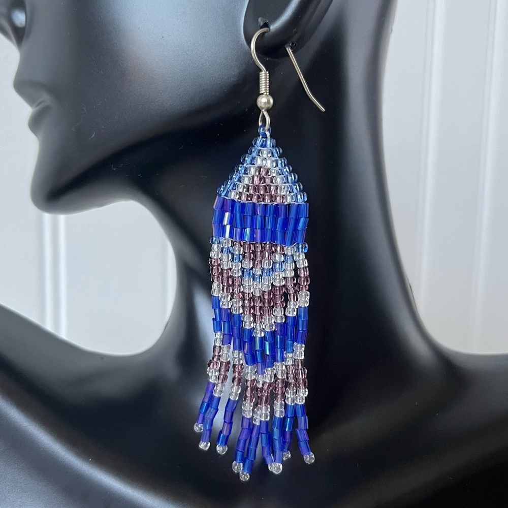 Blue, purple & clear seed bead fringe earrings